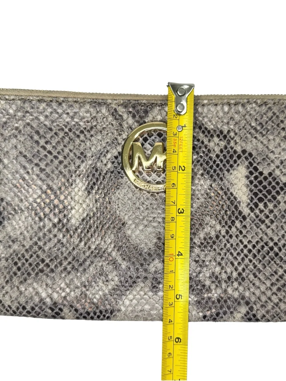 Michael Kors Snakeskin Python Embossed Leather Wristlet Clutch Gold Logo